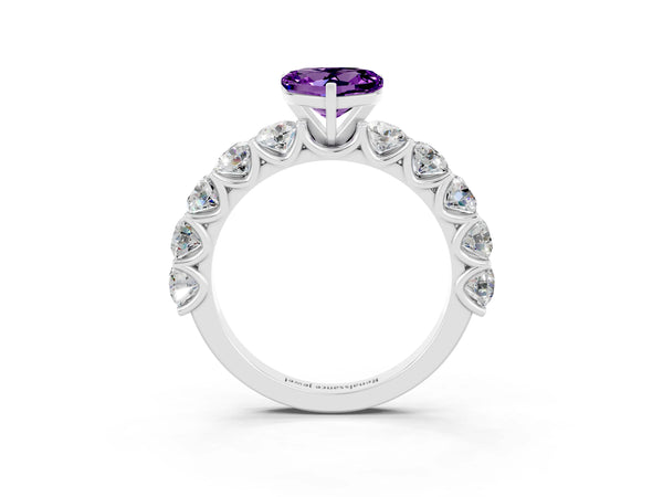 Silver Heart Cut Amethyst Prong Setting with Side Stones on a Pave Band