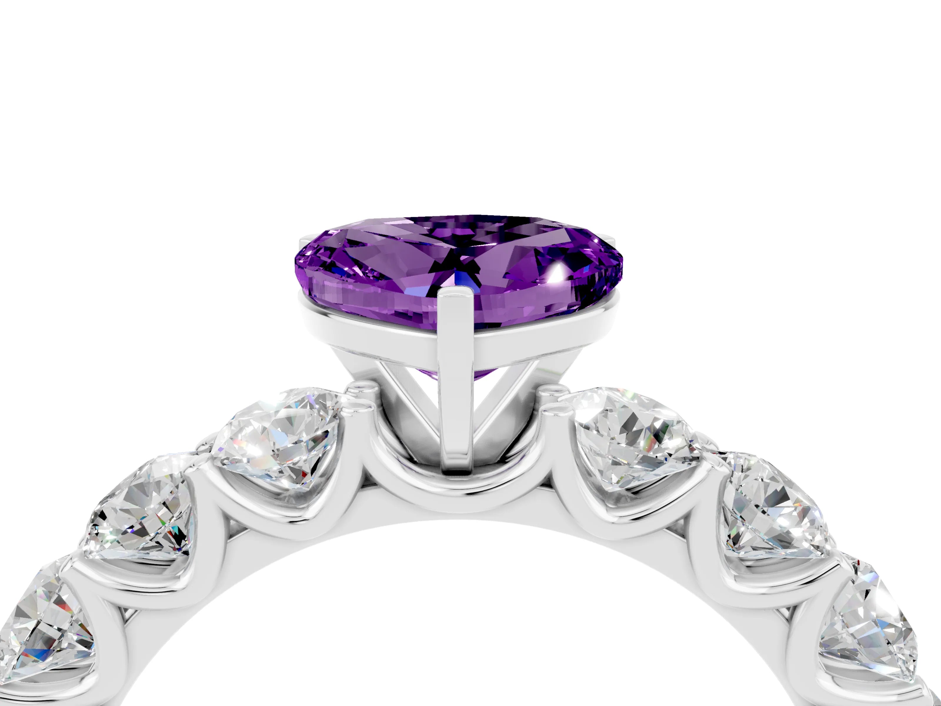 White gold Heart Cut Amethyst Prong Setting with Side Stones on a Pave Band_4