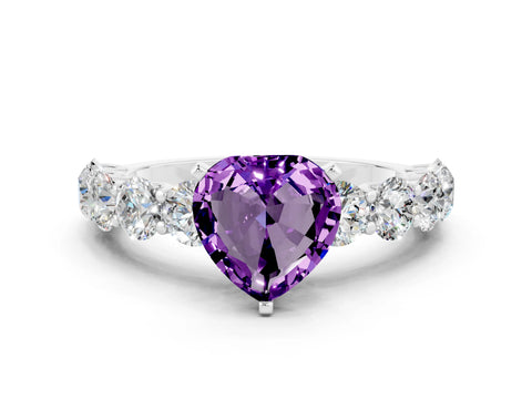 White gold Heart Cut Amethyst Prong Setting with Side Stones on a Pave Band
