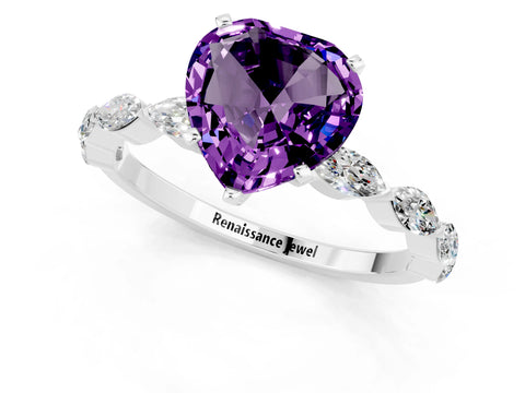 White gold Heart Cut Amethyst Ring with Marquise Side Stones and Prong Setting_1