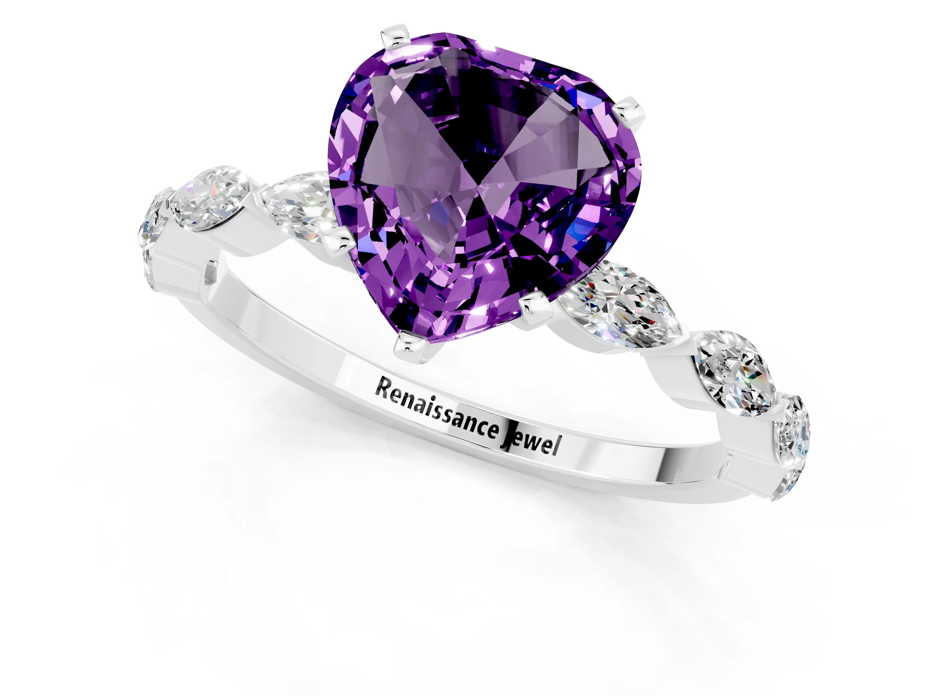 White gold Heart Cut Amethyst Ring with Marquise Side Stones and Prong Setting_1