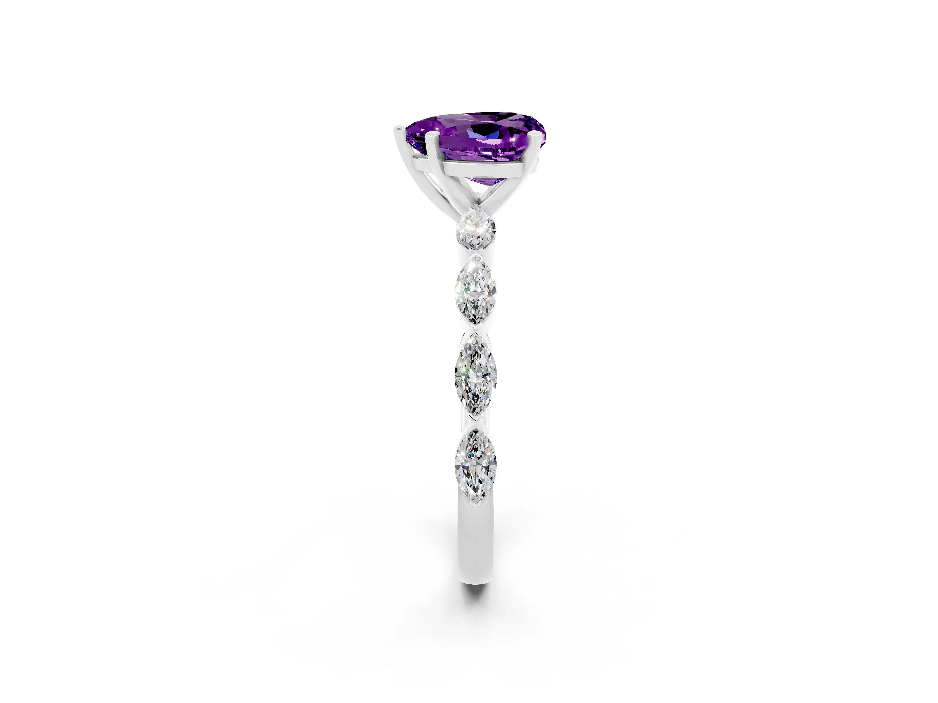 White gold Heart Cut Amethyst Ring with Marquise Side Stones and Prong Setting_2