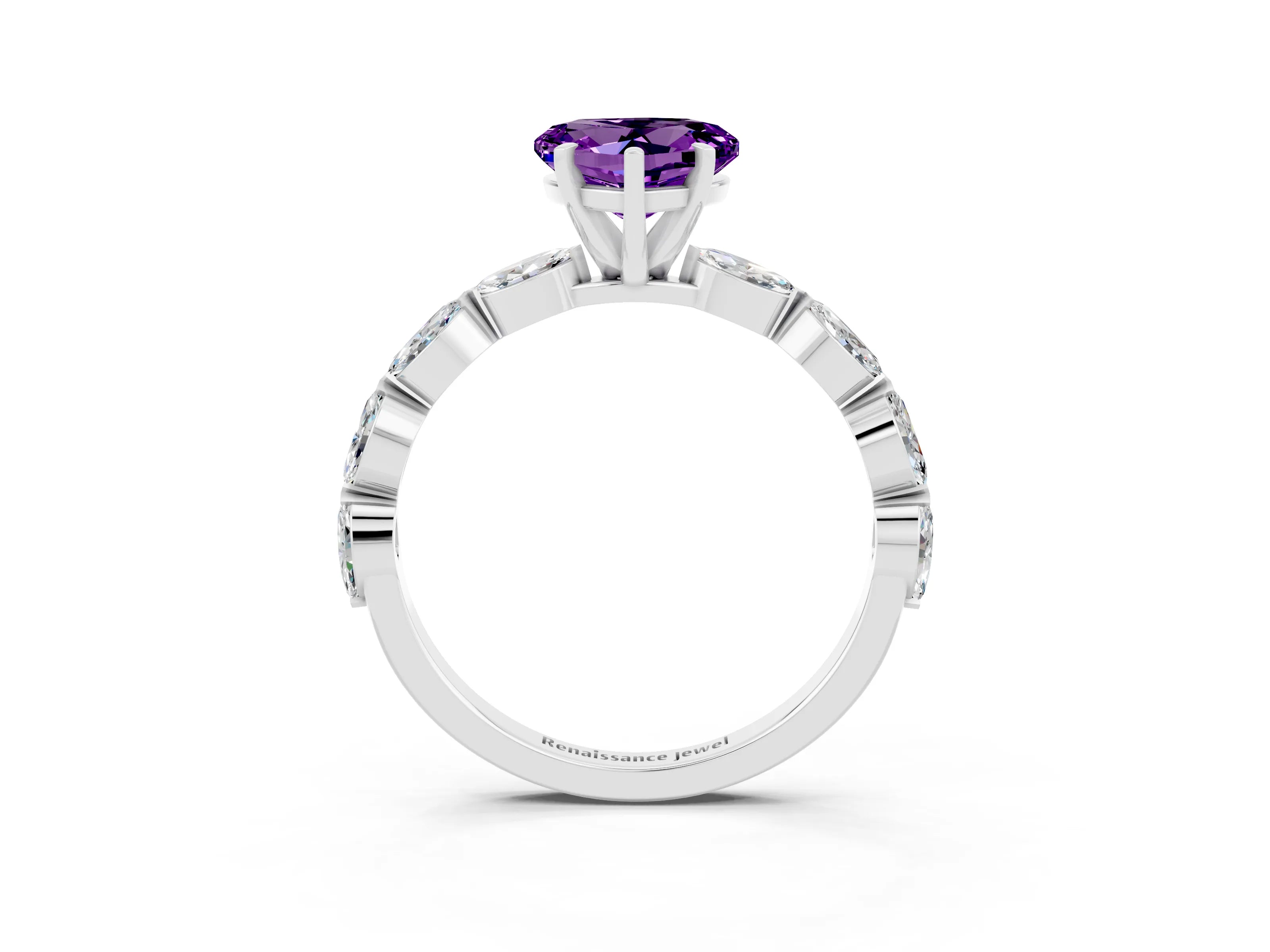 White gold Heart Cut Amethyst Ring with Marquise Side Stones and Prong Setting_3