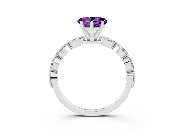 Silver Heart Cut Amethyst Ring with Marquise Side Stones and Prong Setting