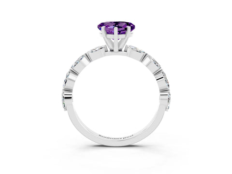 White gold Heart Cut Amethyst Ring with Marquise Side Stones and Prong Setting_3