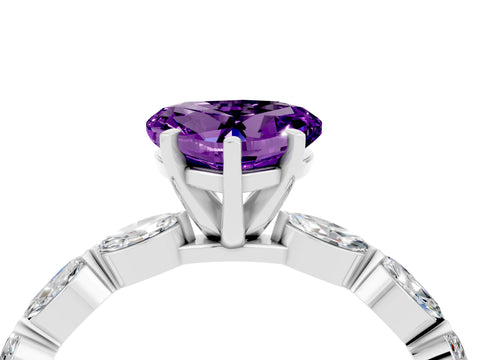 White gold Heart Cut Amethyst Ring with Marquise Side Stones and Prong Setting_4