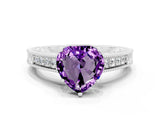 White gold Heart Cut Amethyst Ring with Milgrain Pavé Band and Four-Prong Setting_12