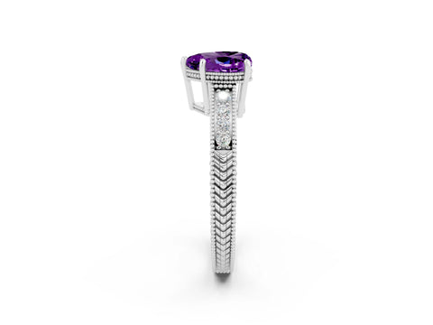 White gold Heart Cut Amethyst Ring with Milgrain Pavé Band and Four-Prong Setting_14