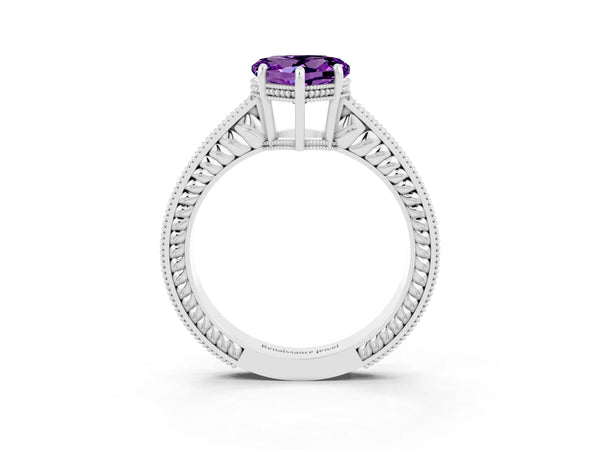 Silver Heart Cut Amethyst Ring with Milgrain Pavé Band and Four-Prong Setting