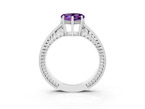 White gold Heart Cut Amethyst Ring with Milgrain Pavé Band and Four-Prong Setting_15