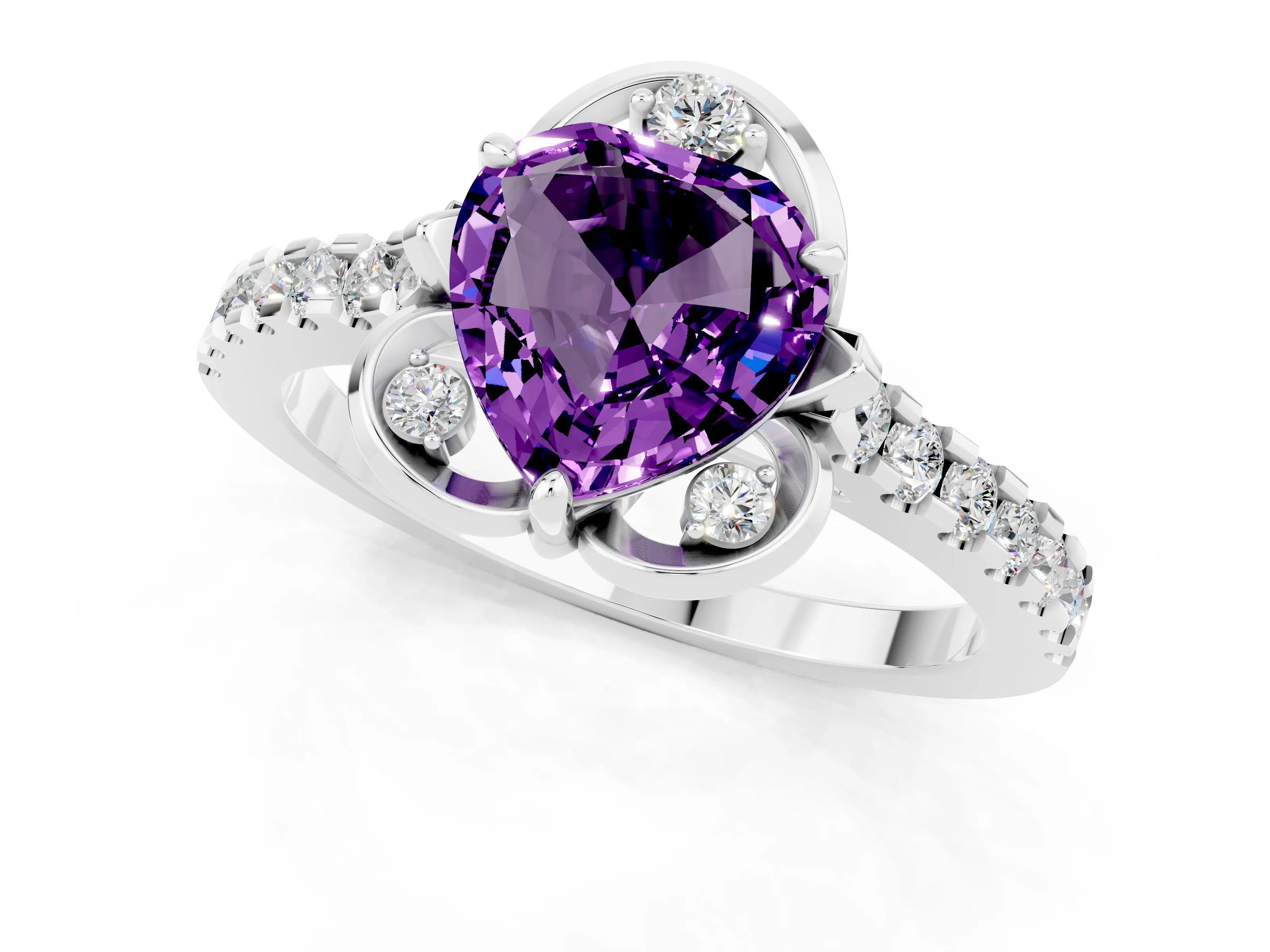 White gold Heart Cut Amethyst Ring with Pavé Band and Floral Prong Setting_1