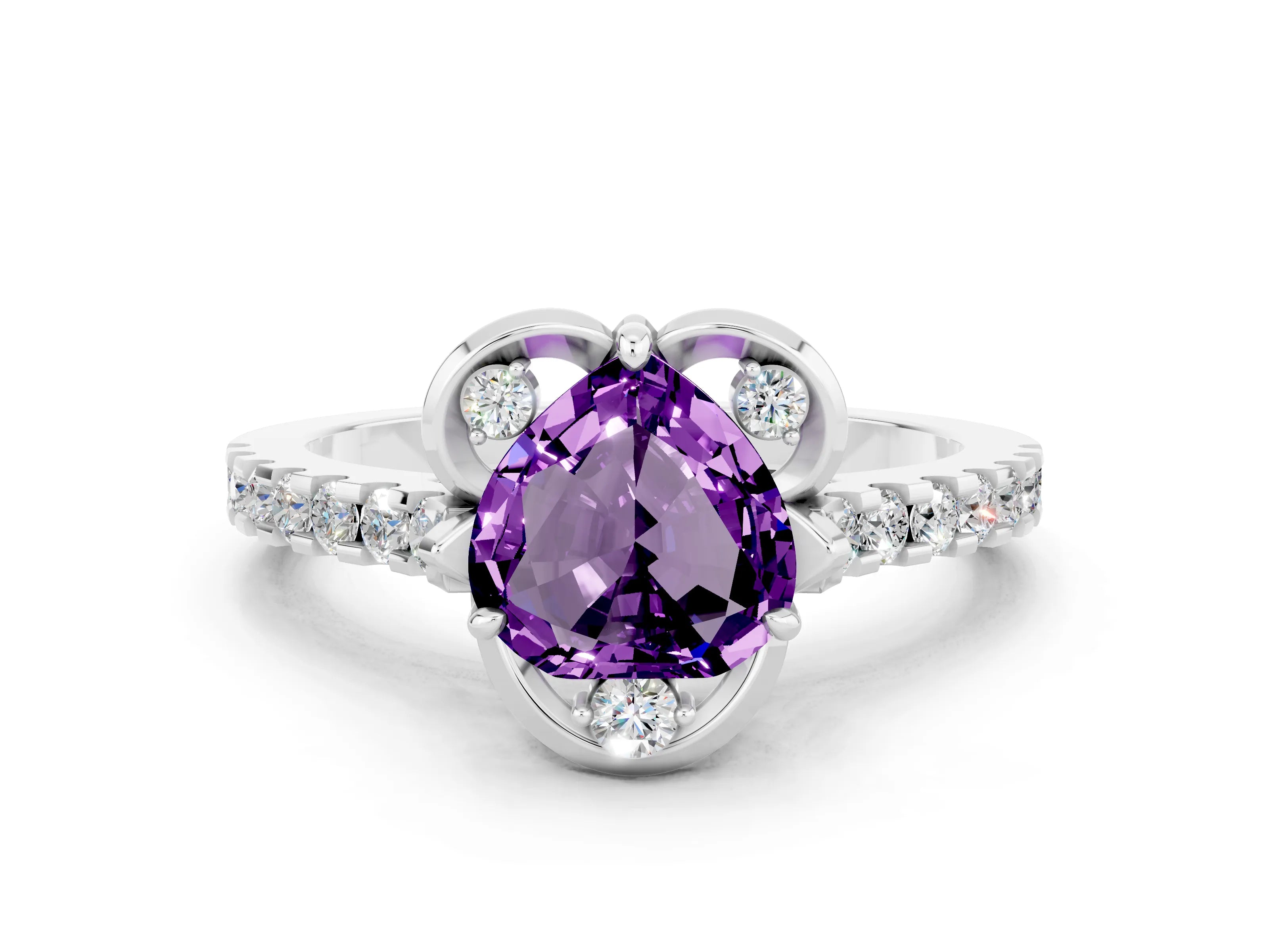 White gold Heart Cut Amethyst Ring with Pavé Band and Floral Prong Setting