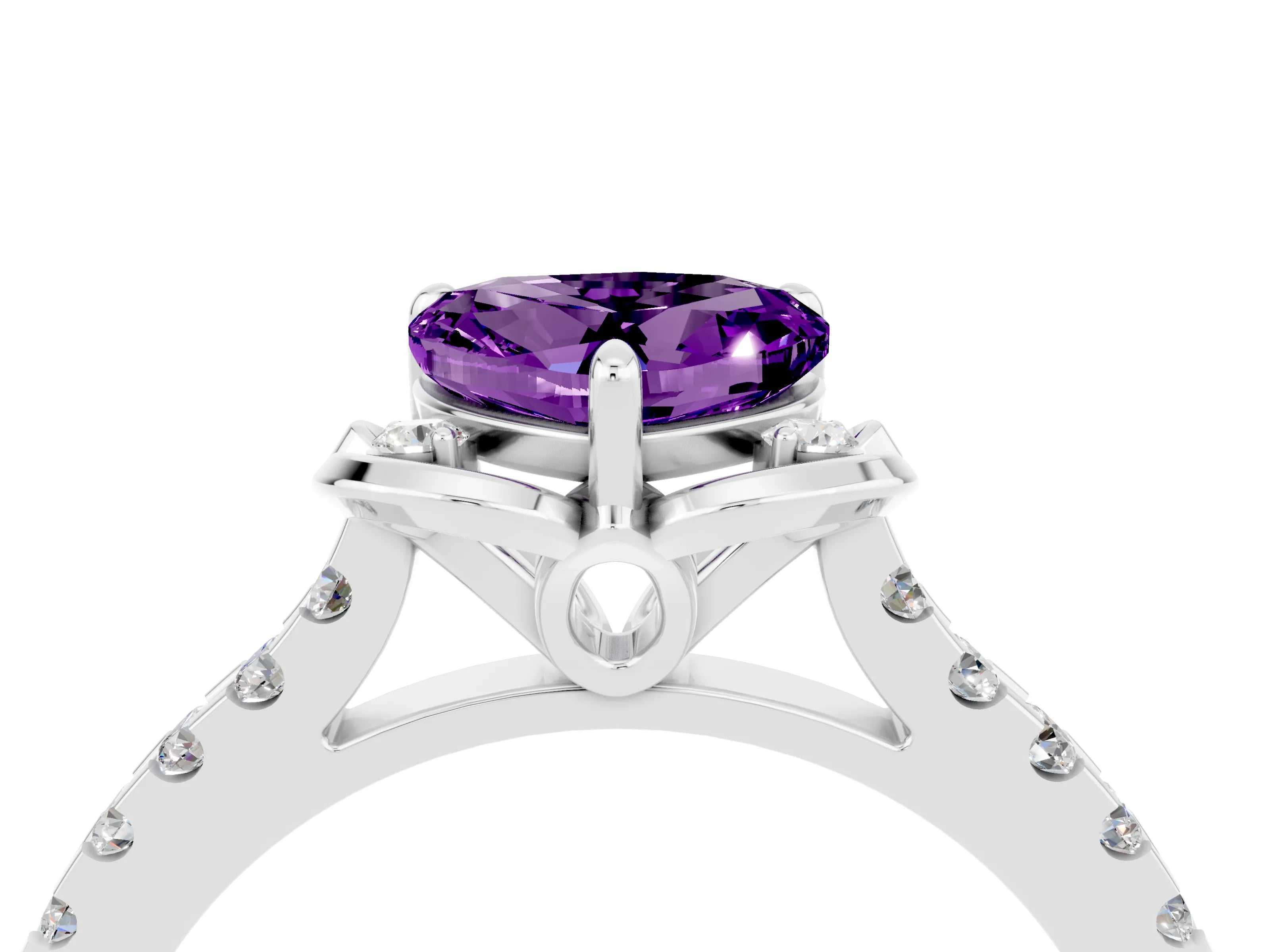 White gold Heart Cut Amethyst Ring with Pavé Band and Floral Prong Setting_4