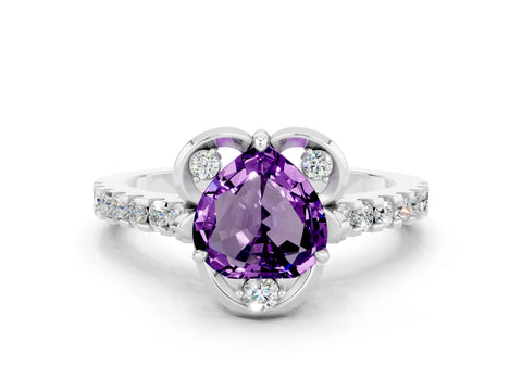 White gold Heart Cut Amethyst Ring with Pavé Band and Floral Prong Setting