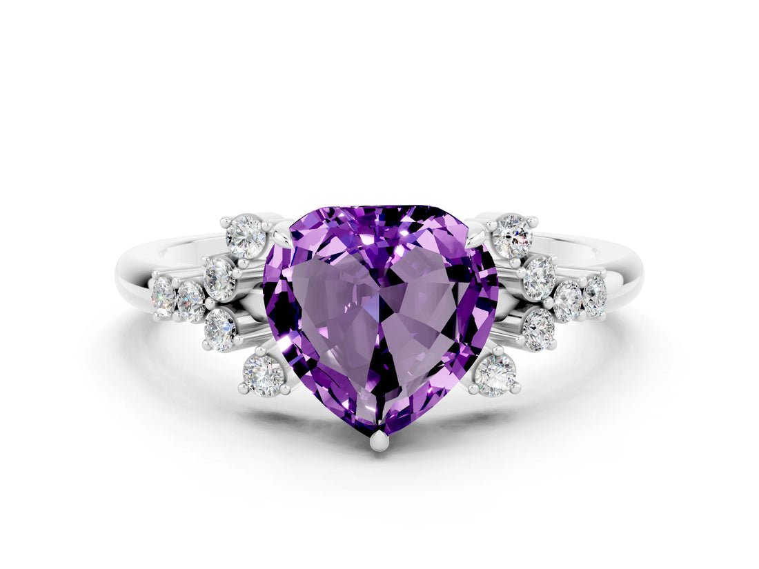 White gold Heart Cut Amethyst Ring with Side Stones and Four-Prong Setting_36