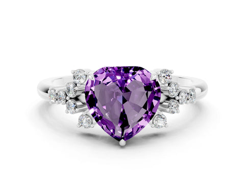 White gold Heart Cut Amethyst Ring with Side Stones and Four-Prong Setting_36
