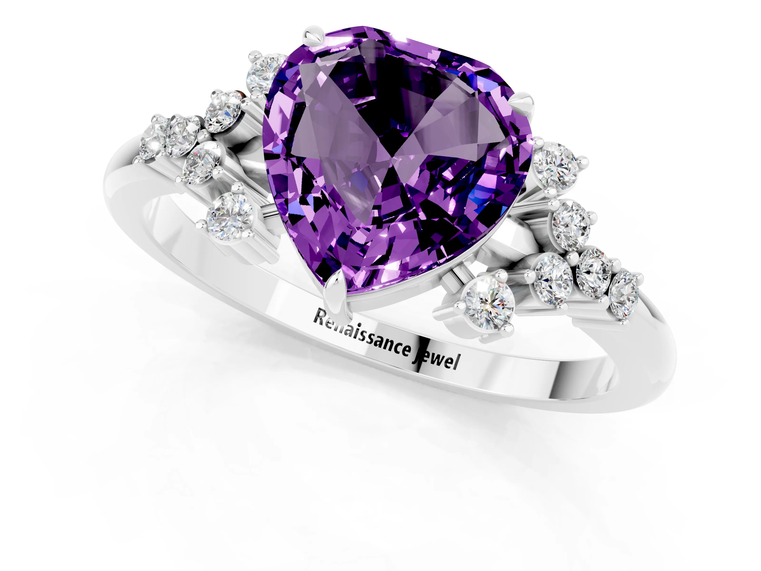 White gold Heart Cut Amethyst Ring with Side Stones and Four-Prong Setting_37