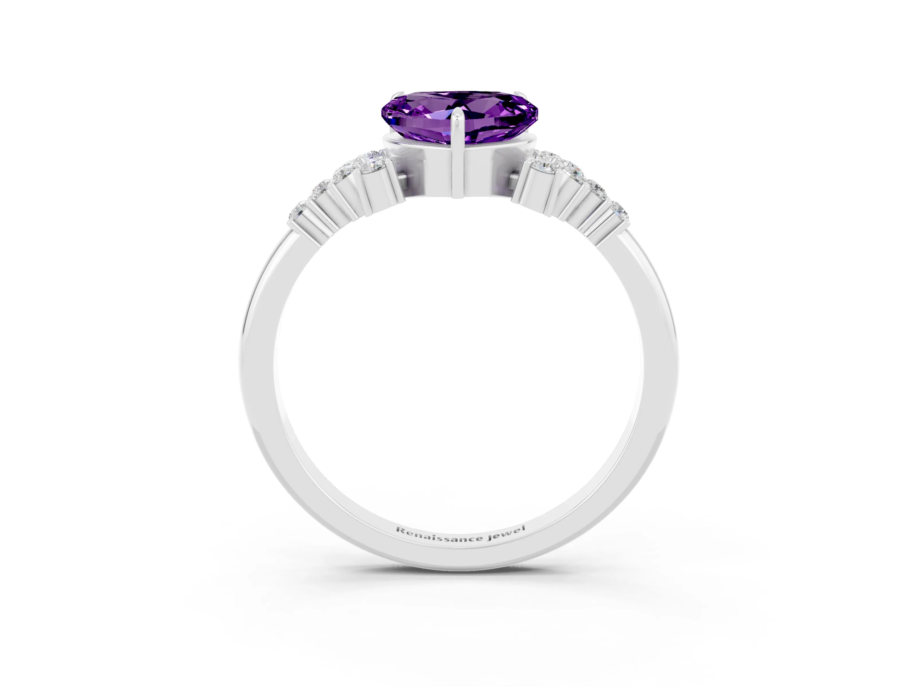 White gold Heart Cut Amethyst Ring with Side Stones and Four-Prong Setting_39