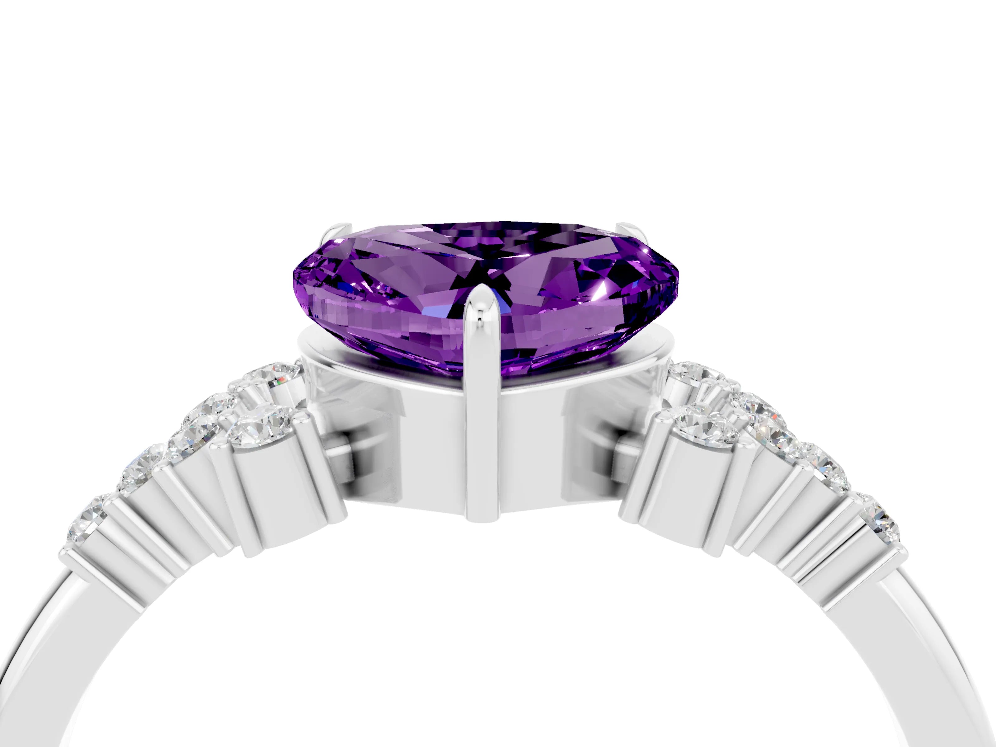 White gold Heart Cut Amethyst Ring with Side Stones and Four-Prong Setting_40