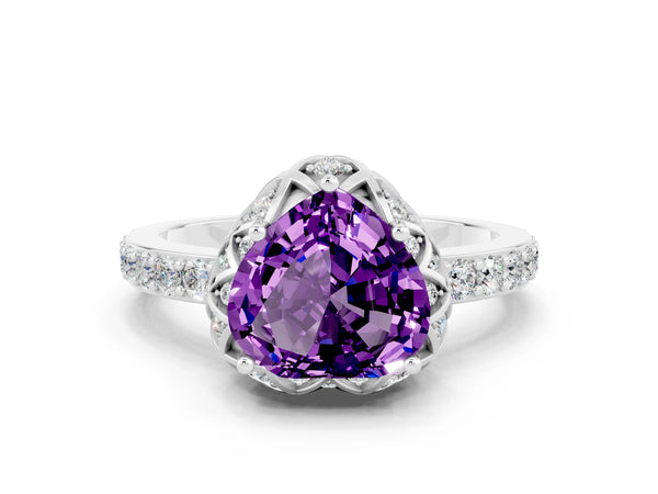Platinum Heart Cut Amethyst Scalloped Halo Engagement Ring with Round Shared Prong Band