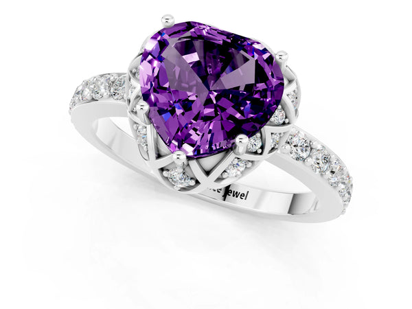 Platinum Heart Cut Amethyst Scalloped Halo Engagement Ring with Round Shared Prong Band