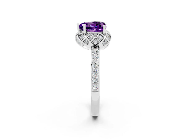 Platinum Heart Cut Amethyst Scalloped Halo Engagement Ring with Round Shared Prong Band