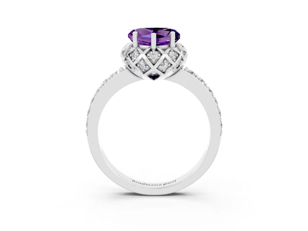 Platinum Heart Cut Amethyst Scalloped Halo Engagement Ring with Round Shared Prong Band