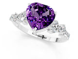 White gold Heart Cut Amethyst Scattered Round Accent Ring with Prong Setting_25