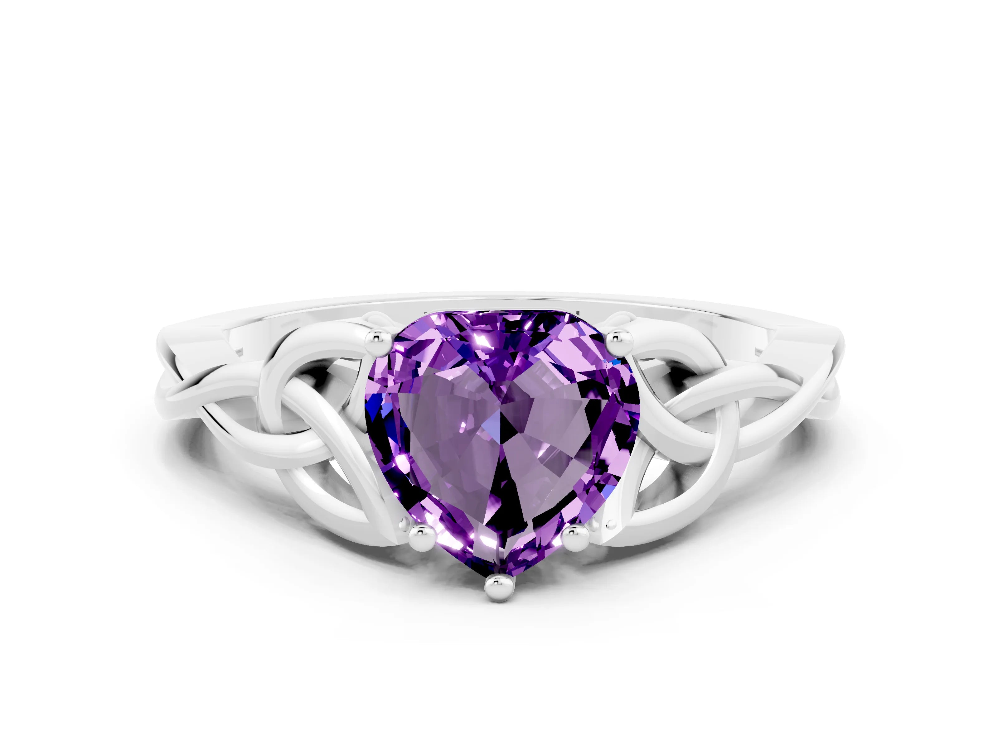 White gold Heart Cut Amethyst Solitaire Celtic Knot Ring with Four-Prong Setting_12