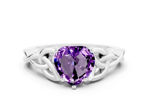 White gold Heart Cut Amethyst Solitaire Celtic Knot Ring with Four-Prong Setting_12