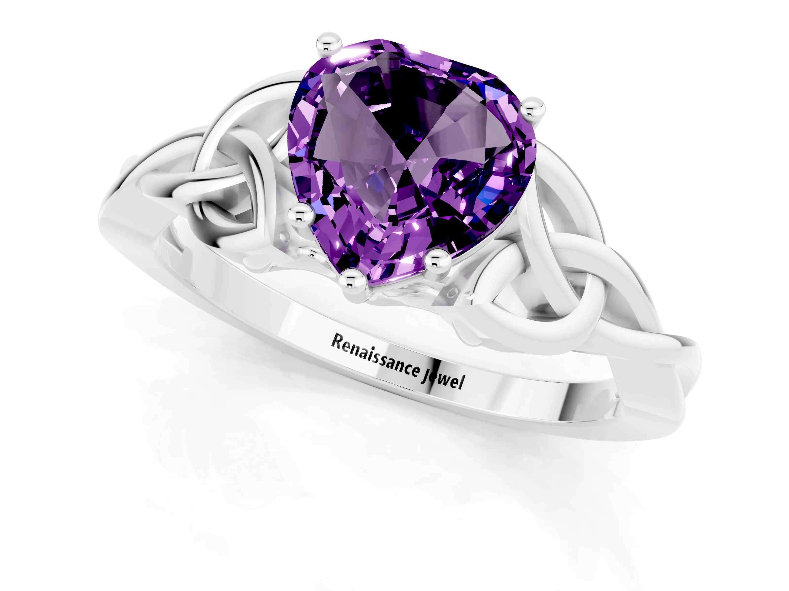 White gold Heart Cut Amethyst Solitaire Celtic Knot Ring with Four-Prong Setting_13