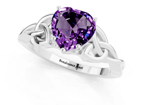 White gold Heart Cut Amethyst Solitaire Celtic Knot Ring with Four-Prong Setting_13