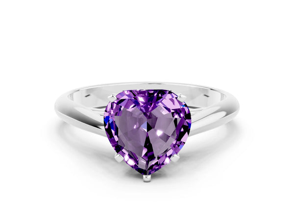 White gold Heart Cut Amethyst Solitaire Engagement Ring with Cathedral Setting and Four-Prong Mount