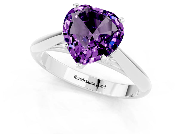 White gold Heart Cut Amethyst Solitaire Engagement Ring with Cathedral Setting and Four-Prong Mount