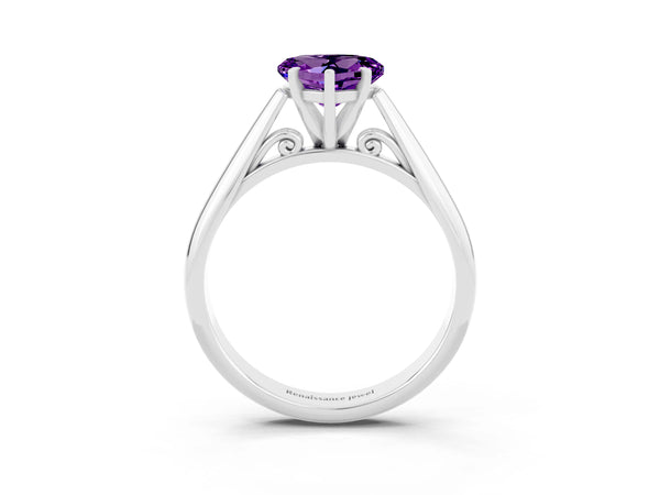 White gold Heart Cut Amethyst Solitaire Engagement Ring with Cathedral Setting and Four-Prong Mount