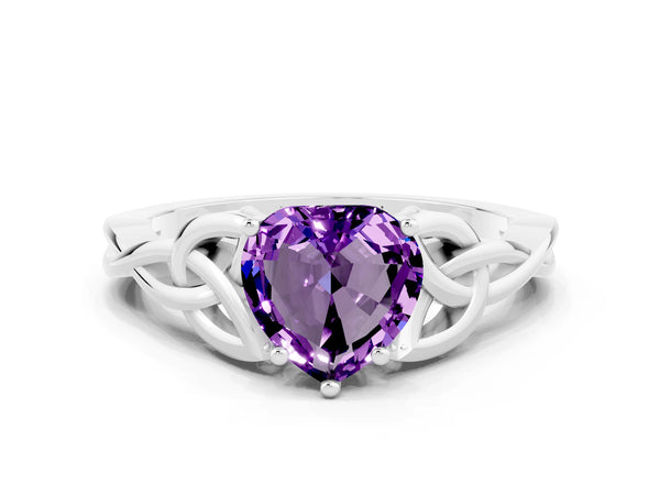 White gold Heart Cut Amethyst Solitaire Engagement Ring with Celtic Knot Band and Four-Prong Setting
