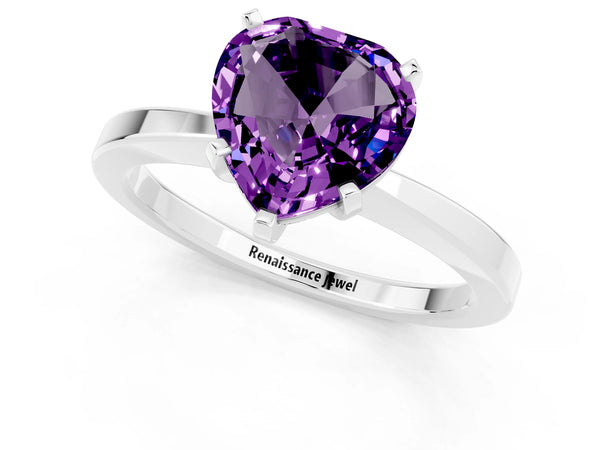 Platinum Heart Cut Amethyst Solitaire Engagement Ring with Classic Band and Four-Prong Setting