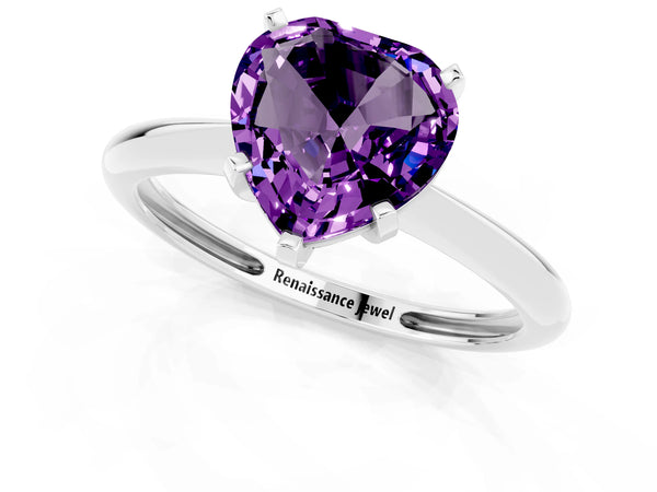 White Gold Heart-Shaped Amethyst Solitaire Engagement Ring with Thin Plain Band and Basket Head