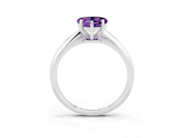 White Gold Heart-Shaped Amethyst Solitaire Engagement Ring with Thin Plain Band and Basket Head