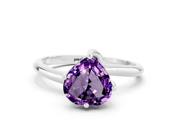 Silver Heart Cut Amethyst Solitaire Engagement Ring with Four-Prong Setting and Classic Band