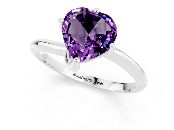 Platinum Heart Cut Amethyst Solitaire Engagement Ring with Four-Prong Setting and Classic Band