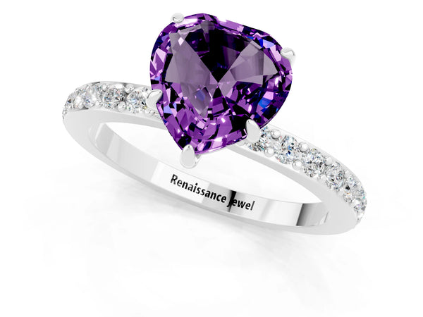 Platinum Heart Cut Amethyst Solitaire Engagement Ring with Pavé Band and Four-Prong Setting