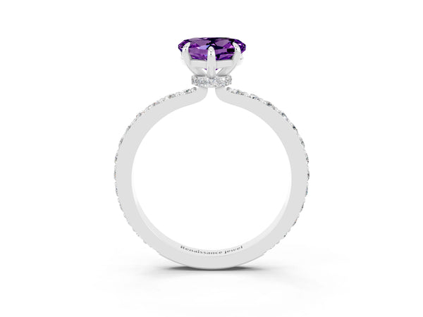 Platinum Heart Cut Amethyst Solitaire Engagement Ring with Pavé Band and Four-Prong Setting