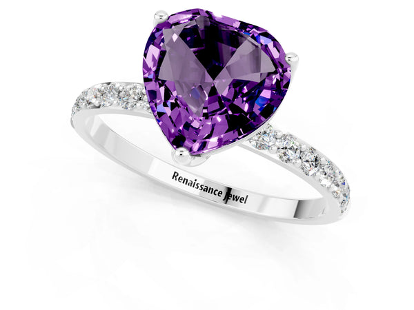 Platinum Heart Cut Amethyst Solitaire Engagement Ring with Round  Pavé Band and Prong Setting
