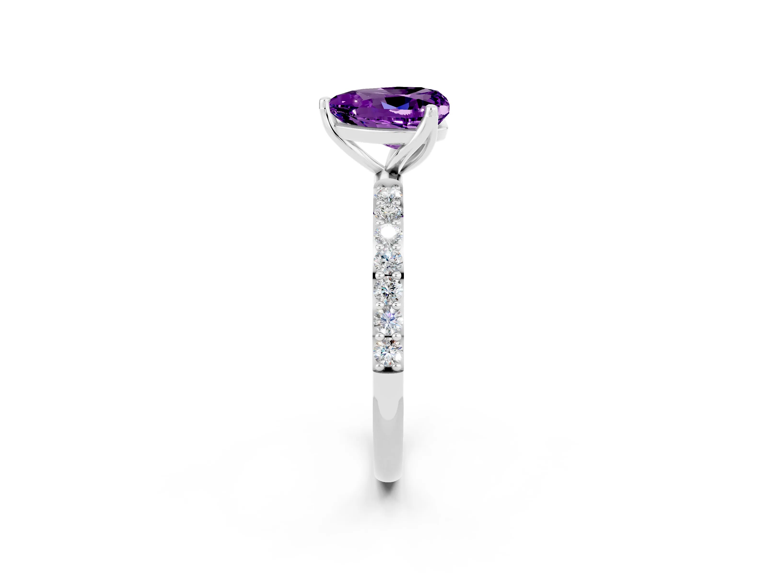 White gold Heart Cut Amethyst Solitaire Engagement Ring with Pavé Band and Prong Setting_2