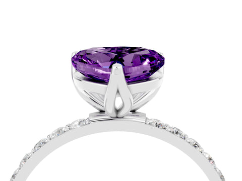 White gold Heart Cut Amethyst Solitaire Engagement Ring with Pavé Band and Prong Setting_4