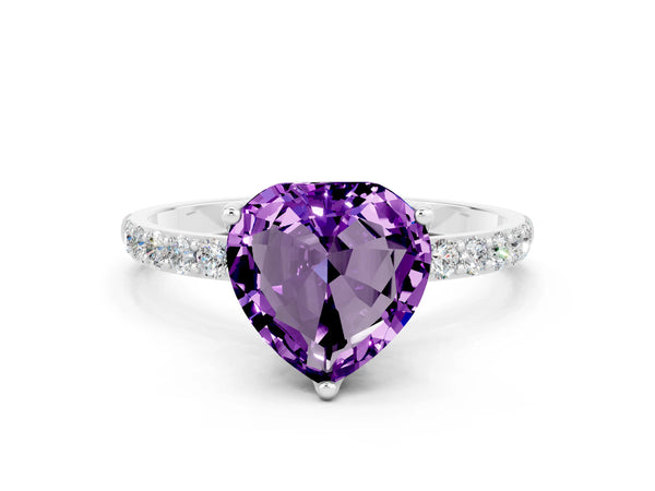 Silver Heart Cut Amethyst Solitaire Engagement Ring with Round  Pavé Band and Prong Setting