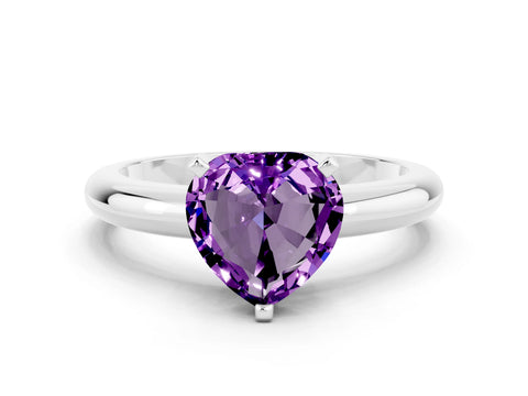 White gold Heart Cut Amethyst Solitaire Engagement Ring with Round Band and Four-Prong Setting