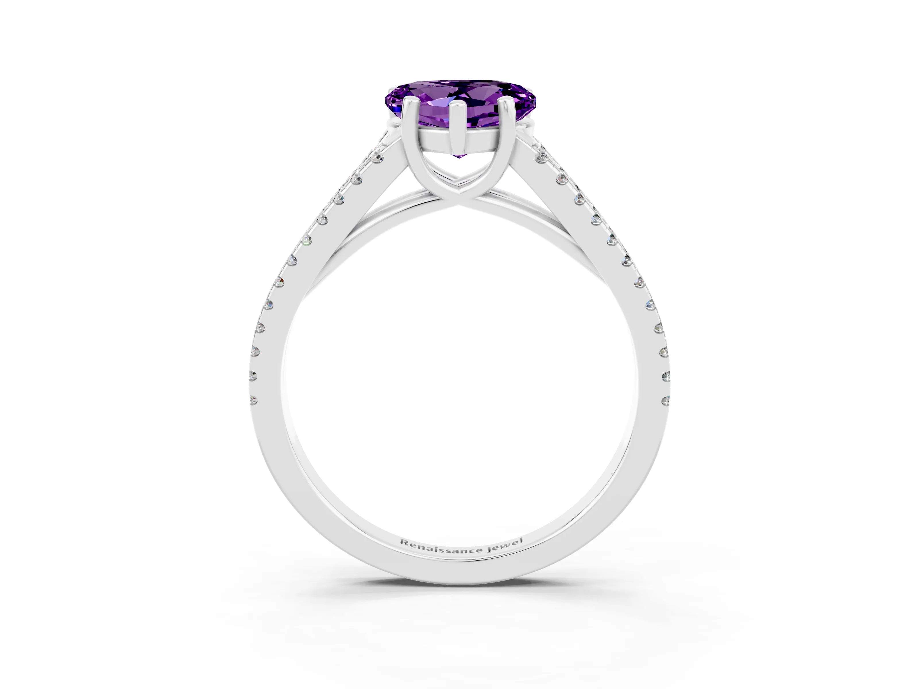 White gold Heart Cut Amethyst Solitaire Engagement Ring with Split Shank Pavé Band_3