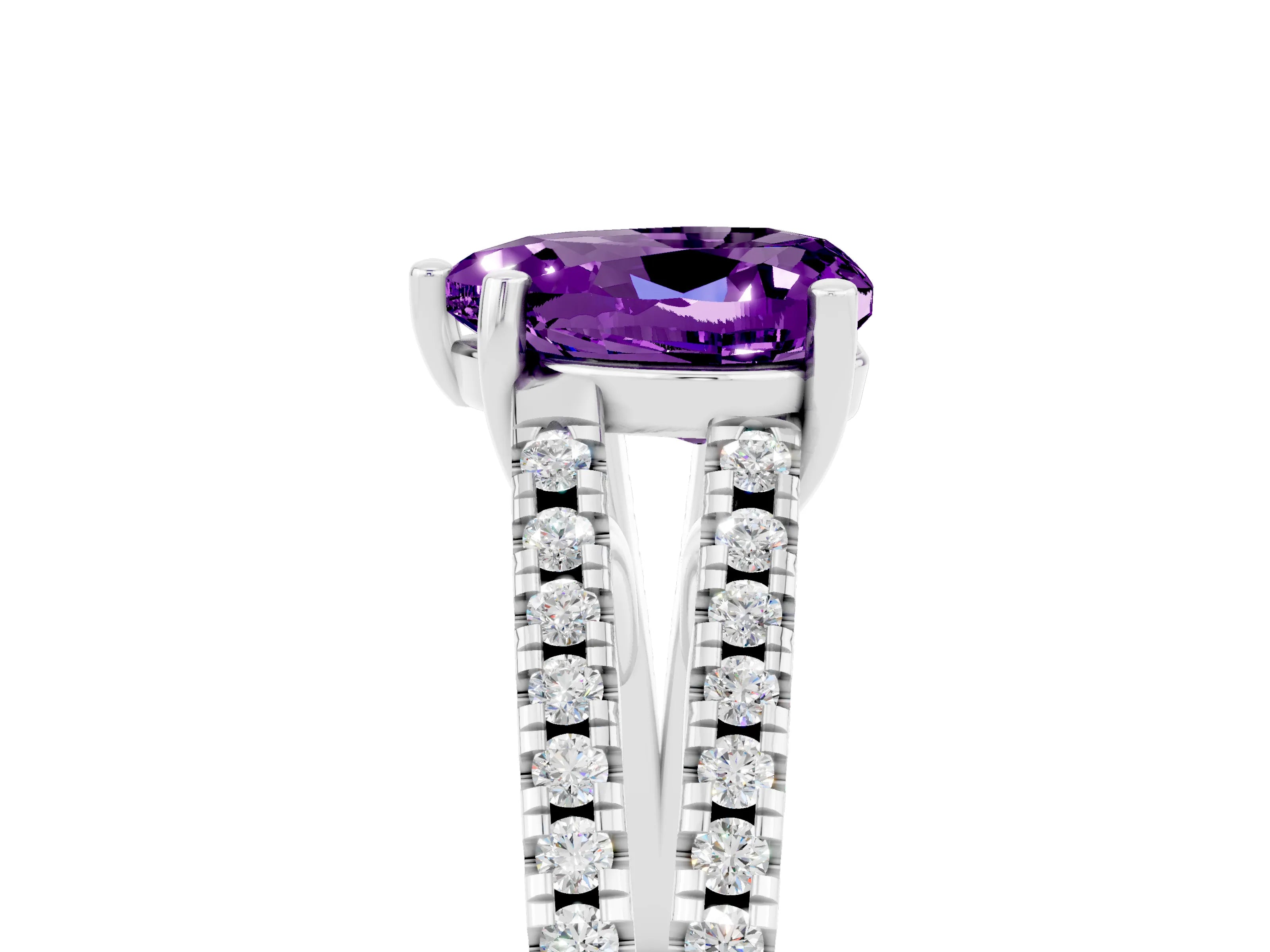 White gold Heart Cut Amethyst Solitaire Engagement Ring with Split Shank Pavé Band_5